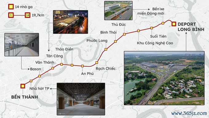 Lộ trình Metro số 1 qua 14 nhà ga. Đồ họa: Khánh Hoàng